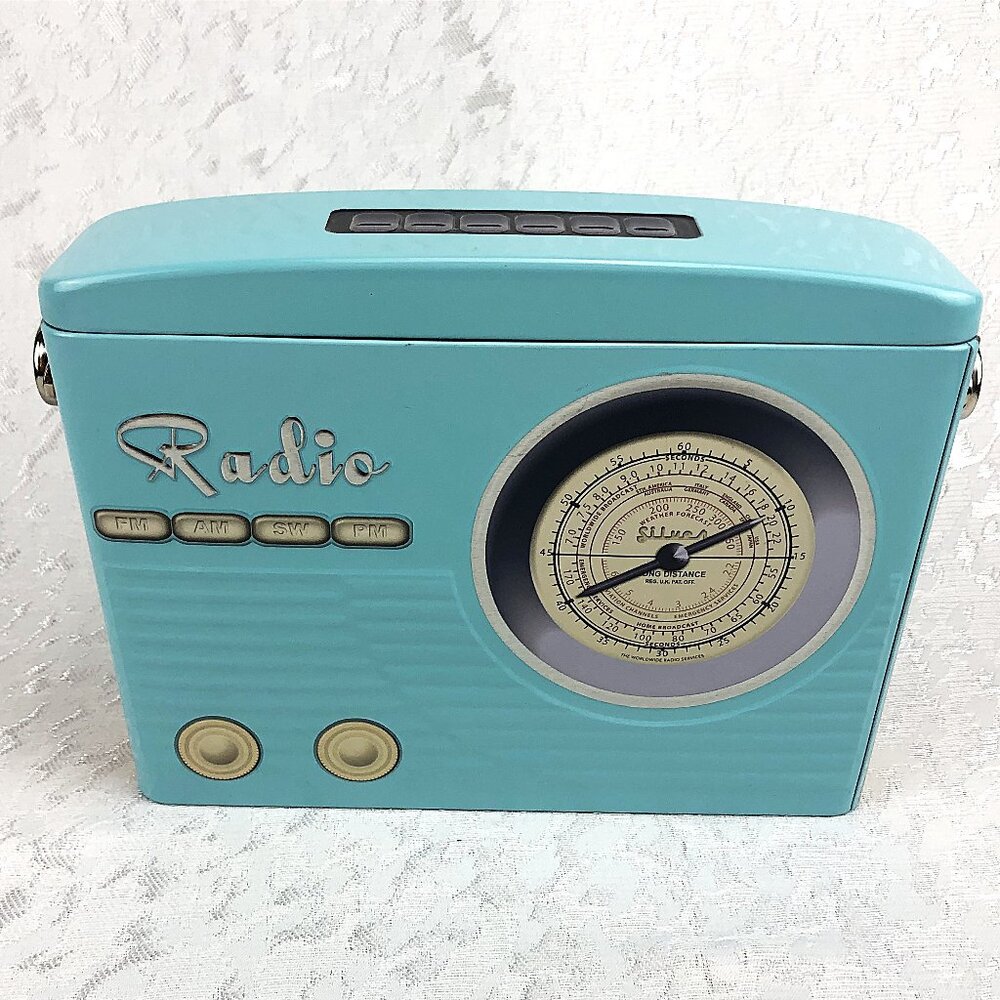 Homegoods Collectible Radio Tin / Retro Sky-Blue “Radio” Lunch Box or Décor